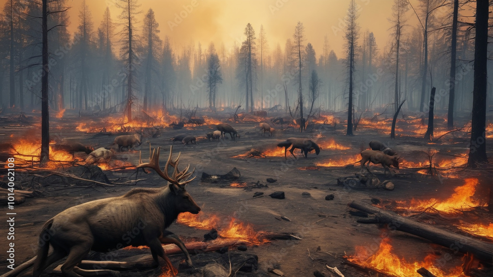 Fototapeta premium Wildlife habitats are destroyed as the wildfire tears through the forest, leaving animals displaced and struggling to survive in the charred landscape, Generative AI