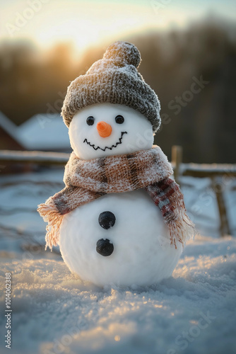 Cute Snowman in hat and scarft, it's snowing, winter fairy tale photo