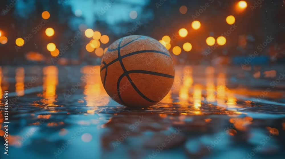 Wet basketball on an outdoor court at dusk, illuminated by streetlights reflecting in the puddles after rain