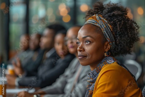 A woman attentively listens in a business meeting surrounded by colleagues. The modern office is filled with natural light, creating an inviting atmosphere for discussion