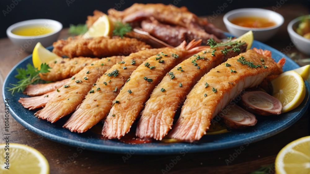 Freshly caught and expertly fried, the fish on the platter is a testament to culinary excellence, its crispy skin giving way to tender, flavorful meat, Generative AI Freshly caught and expertly fried, the fish on the platter is a testament to culinary excellence, its crispy skin giving way to tender, flavorful meat, Generative AI