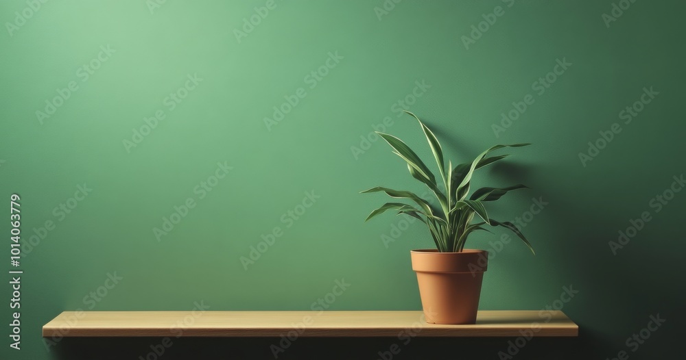Minimalist Plain Green Background for Product Photography Featuring a Wooden Table with a Plant on the Side, Enhanced by Soft Lighting for a Clean and Inviting Look.