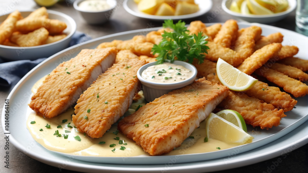 Crispy and golden, the fish fillets on the platter are accompanied by a zesty tartar sauce, adding a tangy kick to every bite, Generative AI