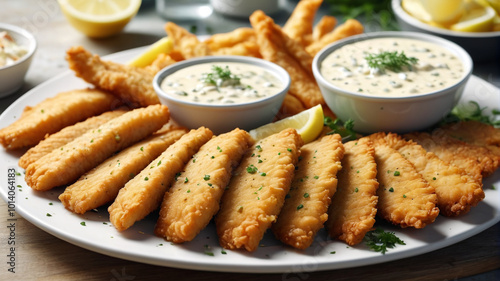 Crispy and golden, the fish fillets on the platter are accompanied by a zesty tartar sauce, adding a tangy kick to every bite, Generative AI