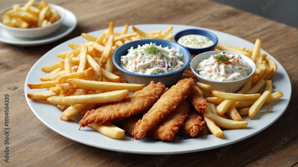Freshly fried to perfection, the fish on the platter is served with a side of creamy coleslaw and crispy french fries, a classic and satisfying combination, Generative AI Freshly fried to perfection, the fish on the platter is served with a side of creamy coleslaw and crispy french fries, a classic and satisfying combination, Generative AI