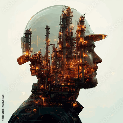 Double exposure of an engineer with machinery, symbolizing the human element behind modern industrial power and creativity.