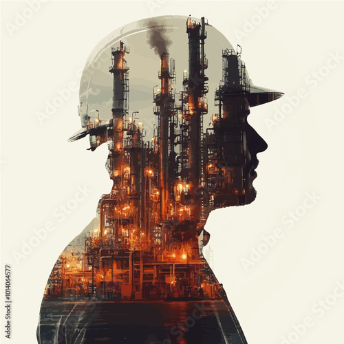 Silhouette of an engineer with industrial plants overlaid, representing the intersection of human intelligence and industry.