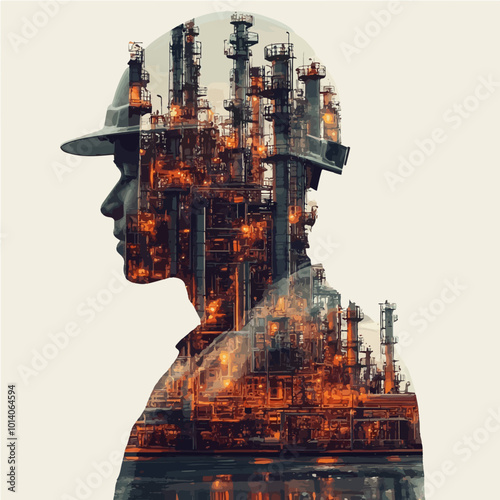 Double exposure image of a man in a helmet with an industrial refinery background, merging human and industry elements. Ideal for industrial and engineering concepts.