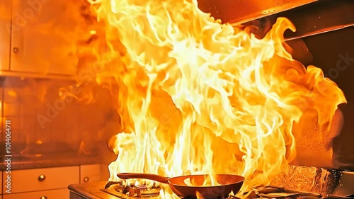 A kitchen stove catches fire, with intense flames engulfing a pan and surrounding area. The bright orange fire creates a dangerous and urgent atmosphere. The alarming scene unfolds in a residential