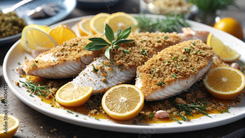 Crusted with herbs and breadcrumbs, the fish on the platter is a crunchy delight, complemented by a drizzle of tangy citrus sauce, Generative AI