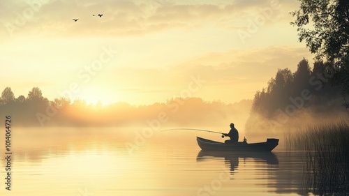 Early morning fisherman casting line at sunrise over tranquil lake with mist and birds