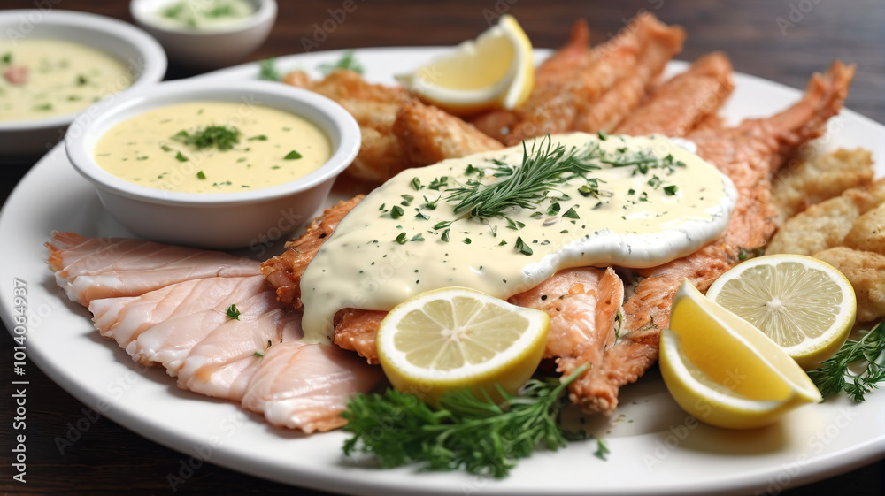 Tender and flaky, the fish on the platter is served with a dollop of garlic aioli, infusing each bite with a creamy, garlicky flavor, Generative AI Tender and flaky, the fish on the platter is served with a dollop of garlic aioli, infusing each bite with a creamy, garlicky flavor, Generative AI
