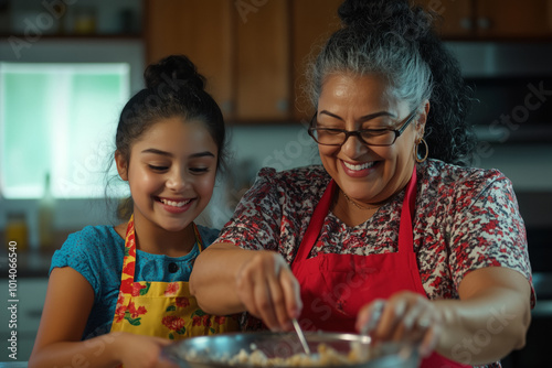 A Latina grandmother and her granddaughter share a joyful moment while cooking together in the kitchen. they happily prepare a meal, emphasizing family traditions, love, and their bond.