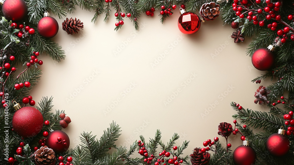 Brightly decorated Christmas frame featuring vibrant ornaments and lush greenery, perfect for festive celebrations during the holiday season Brightly decorated Christmas frame featuring vibrant ornaments and lush greenery, perfect for festive celebrations during the holiday season