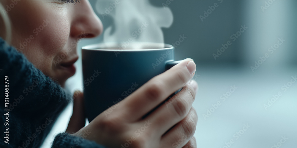 A serene close-up of a woman wrapped in a cozy sweater, holding a steaming cup.The soft focus on her face and rising steam create a comforting, intimate atmosphere, concept cold days. Healing ritual A serene close-up of a woman wrapped in a cozy sweater, holding a steaming cup.The soft focus on her face and rising steam create a comforting, intimate atmosphere, concept cold days. Healing ritual