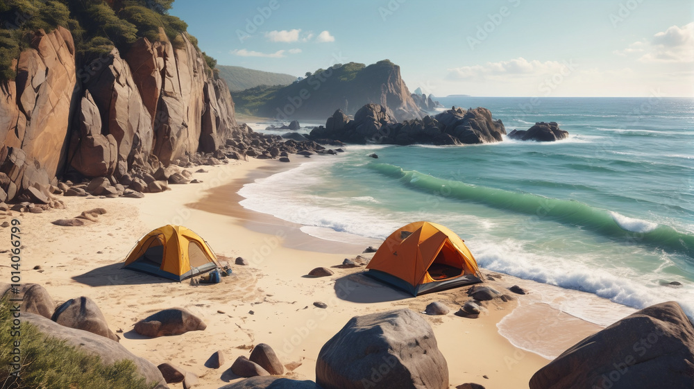 Along the rugged coastline, backpackers set up camp on sandy shores, falling asleep to the soothing sound of waves crashing against the rocks, Generative AI Along the rugged coastline, backpackers set up camp on sandy shores, falling asleep to the soothing sound of waves crashing against the rocks, Generative AI