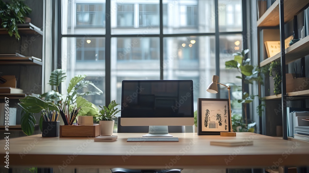 Fototapeta premium Stylish CEO office interior showcasing a well-organized desk with a PC desktop, a shelf near the window, and a mockup frame