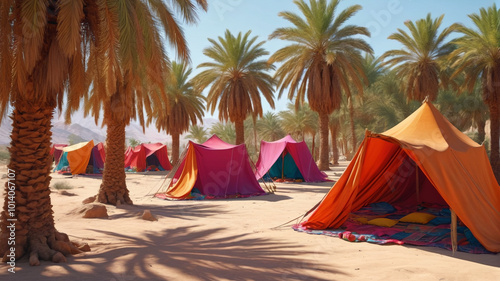 In the heart of the desert, nomads create makeshift shelters from colorful fabrics, finding refuge from the scorching sun beneath the shade of ancient palm trees, Generative AI