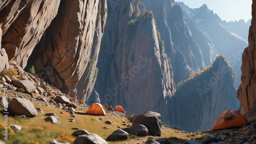 Beneath towering cliffs, climbers bivouac on narrow ledges, their compact shelters clinging to the rock face as they prepare for a night of vertical adventure, Generative AI
