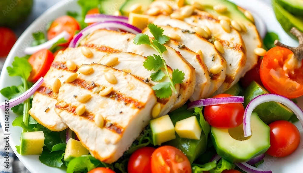 Fresh Grilled Chicken and Avocado Salad with Lime Vinaigrette, a Healthy and Delicious Meal Fresh Grilled Chicken and Avocado Salad with Lime Vinaigrette, a Healthy and Delicious Meal
