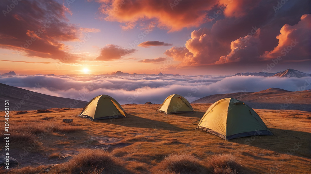 Atop a windswept plateau, trekkers camp beneath a canvas of swirling clouds, their tents anchored against the gusts as they await a breathtaking sunrise, Generative AI Atop a windswept plateau, trekkers camp beneath a canvas of swirling clouds, their tents anchored against the gusts as they await a breathtaking sunrise, Generative AI