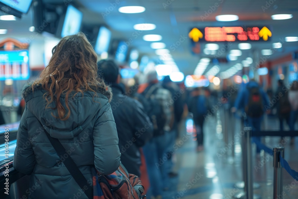 A group of travelers stands patiently in a long line at a bustling airport terminal. The atmosphere is charged with movement as passengers prepare for evening flights A group of travelers stands patiently in a long line at a bustling airport terminal. The atmosphere is charged with movement as passengers prepare for evening flights