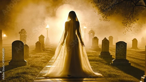 A mysterious figure, shrouded in a flowing veil, walks slowly through a fog-covered graveyard. The atmosphere is eerie, illuminated by soft glowing lamps.