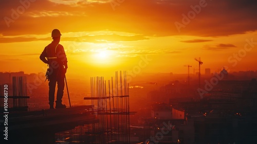 Construction Worker Silhouetted Against Sunset Over City