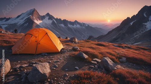 Atop a windswept ridge, mountaineers huddle in bivouac sacks, their makeshift shelters providing refuge from the biting wind as they await the dawn, Generative AI