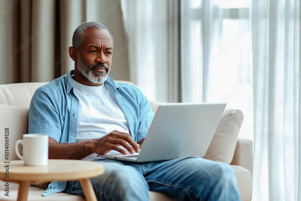 Middle aged african american man freelancer working from home with laptop sitting in chair in living room using computer enjoying remote work Middle aged african american man freelancer working from home with laptop sitting in chair in living room using computer enjoying remote work