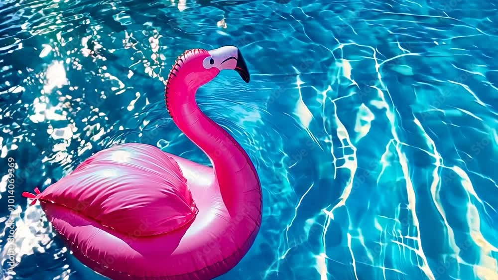 A vibrant pink flamingo float drifts in a clear blue swimming pool under bright sunshine. The pool water shimmers, reflecting the sun's rays. The scene evokes a carefree summer vibe, suitable for