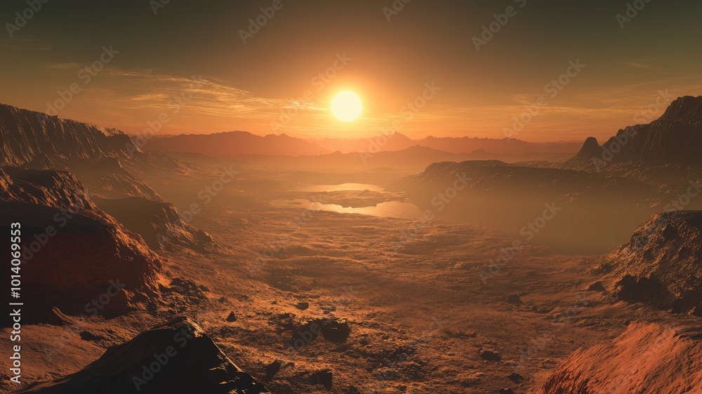Naklejka premium Majestic sunset over a vast Martian landscape with rugged terrain and distant mountains