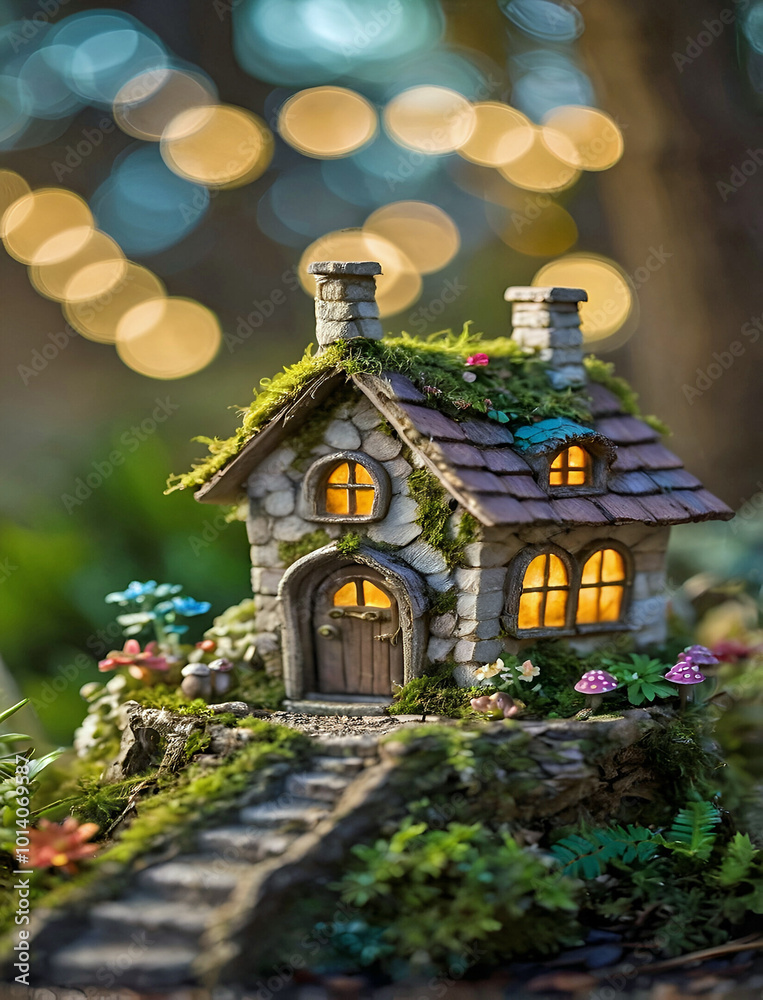 Fototapeta premium Magical Miniature Cottage With Glowing Windows Surrounded By Moss And Colorful Flowers In An Enchanted Fairy Garden Scene
