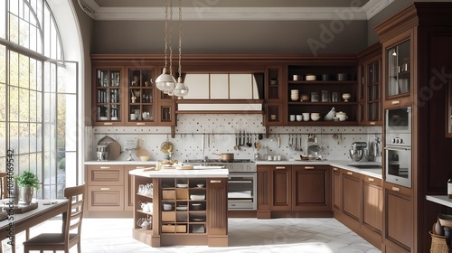 Stylish home kitchen interior with wooden cooking cabinets and a panoramic window, showcasing a modern and elegant cooking space