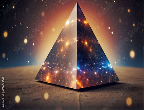 Glowing Pyramid Reflecting Stars And Galaxies On Its Surface Set Against A Cosmic Backdrop With Golden Light