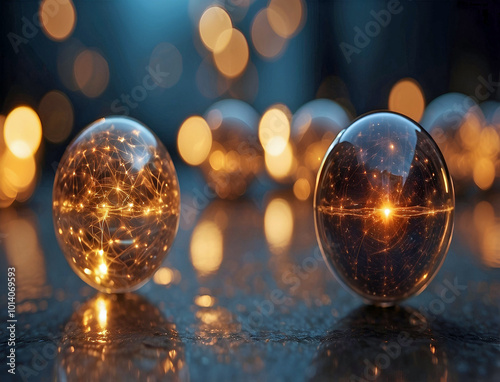 Glowing Transparent Spheres With Intricate Light Patterns Inside Reflecting Golden Bokeh Lights On A Glossy Surface