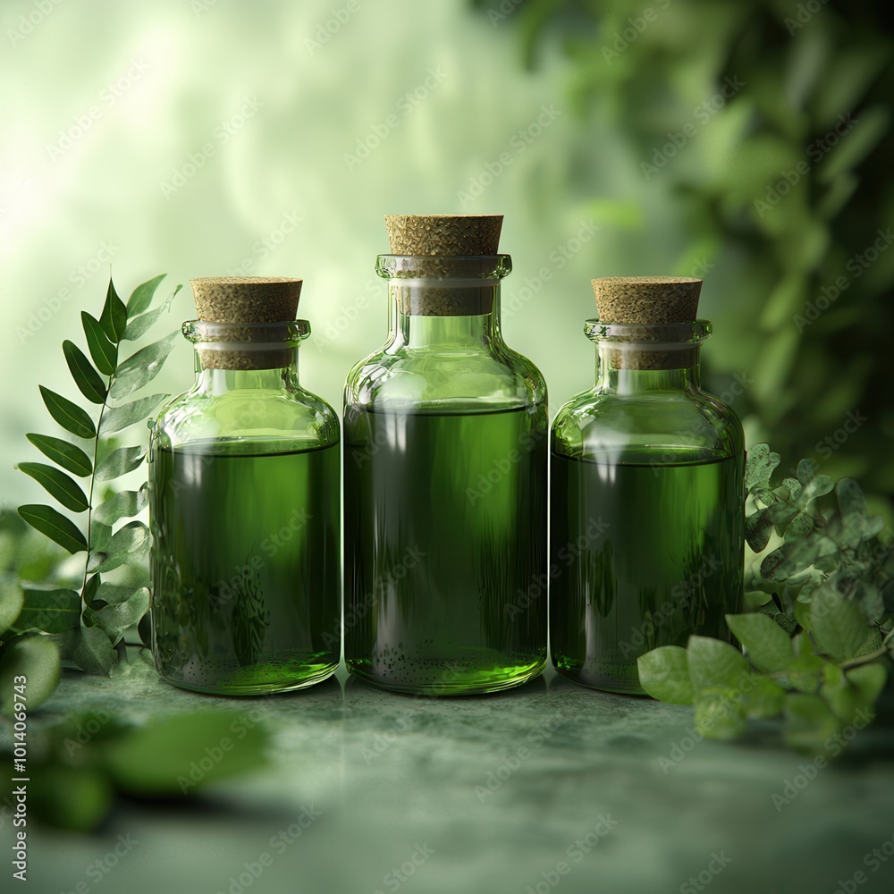 Three glass bottles with green liquid and cork lids, nature backdrop. Three glass bottles with green liquid and cork lids, nature backdrop.