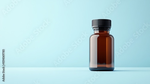 Brown glass medicine bottle with a black label, centered on a light blue background with copy space on both sides.