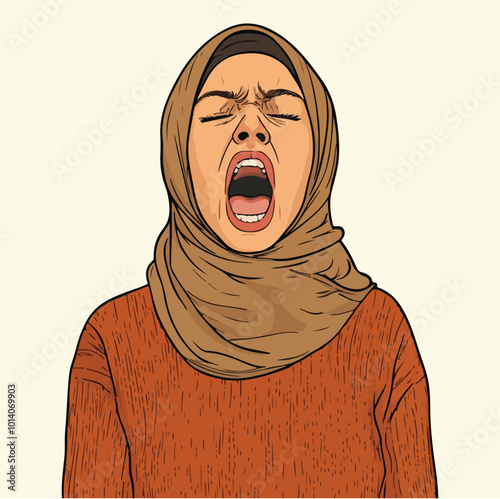 A woman with hijab yelling illustration