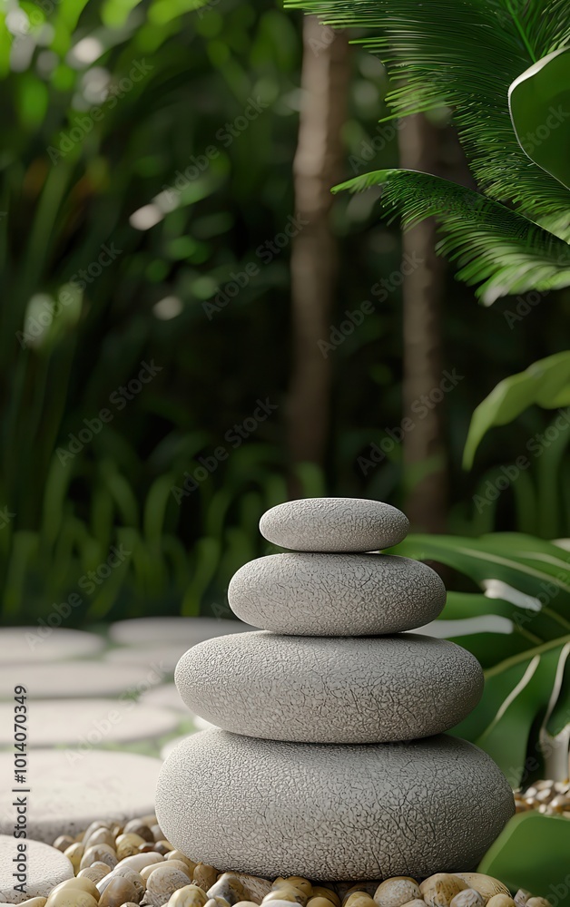 Stacked stones in peaceful garden, green foliage background. Stacked stones in peaceful garden, green foliage background.