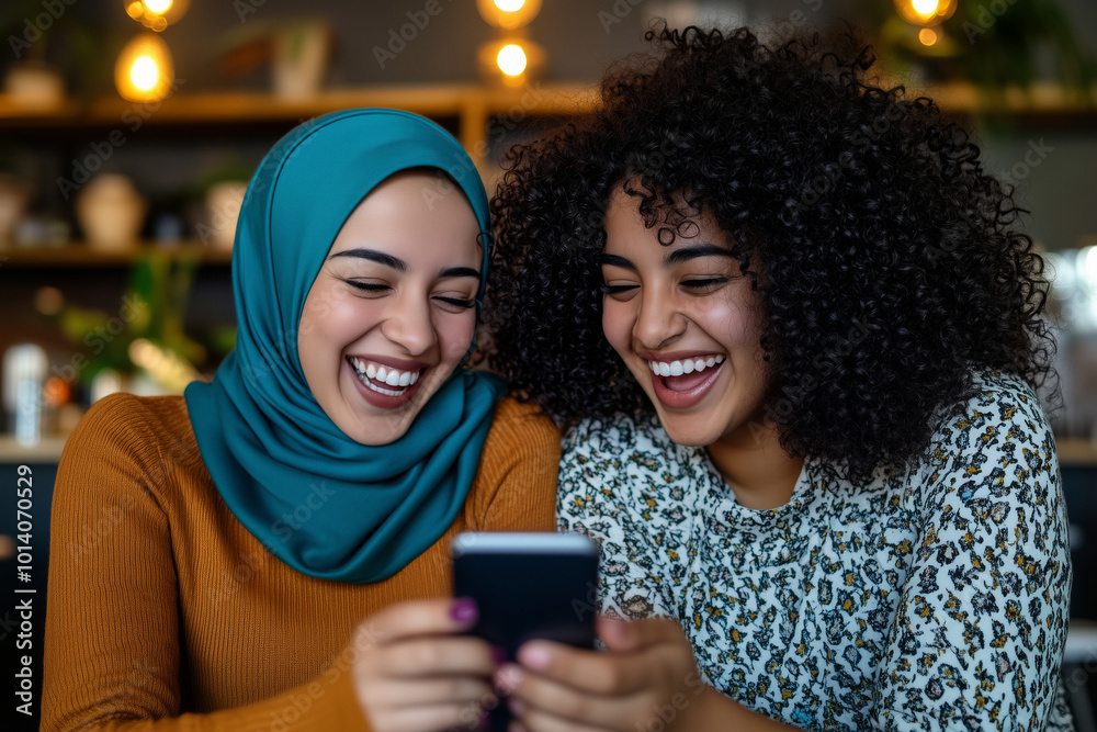 Two women, one in a teal hijab and the other with curly hair, laugh over a smartphone in a cozy café, social interaction friendship, relaxation, and modern technology.