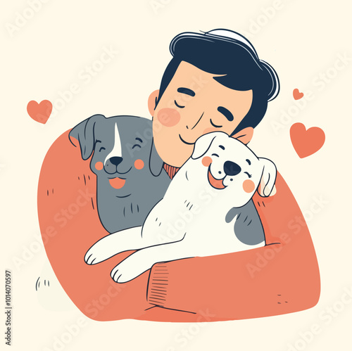 A man hugging his pet dog illustration