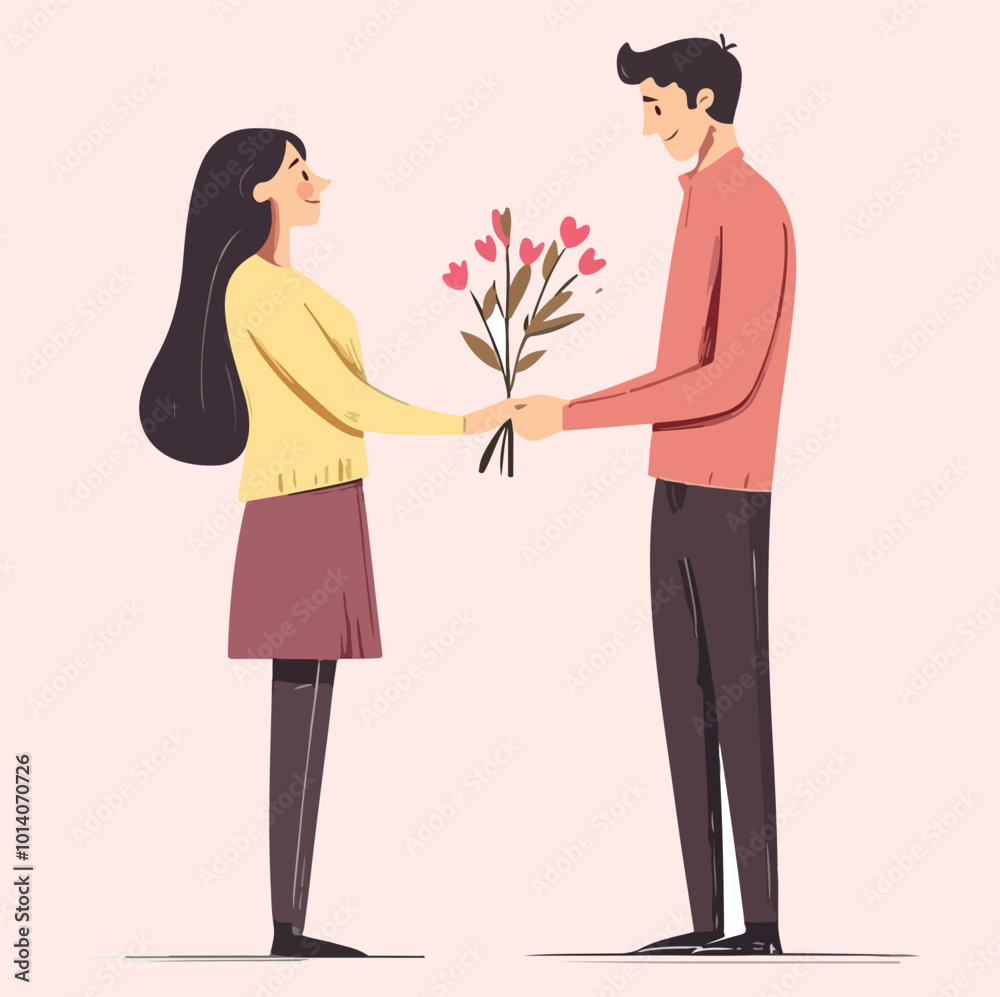 A man giving flower to his girlfriend illustration A man giving flower to his girlfriend illustration