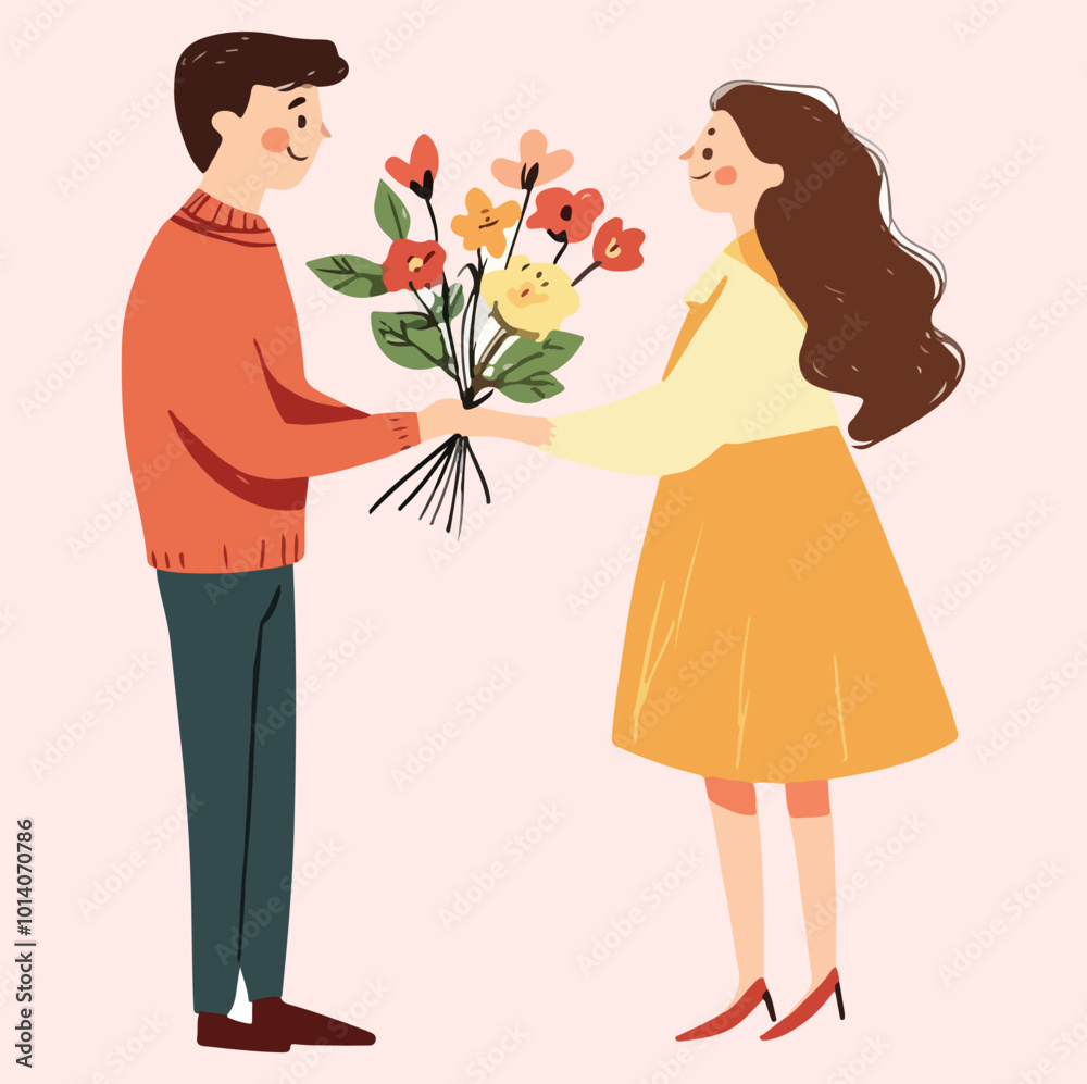 A man giving flower to his girlfriend illustration A man giving flower to his girlfriend illustration