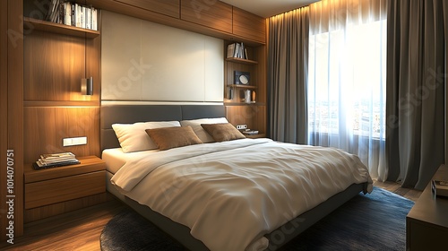 Stylish hotel bedroom interior with a bed  nightstand  and books