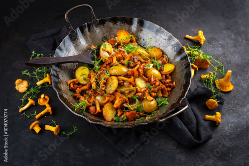 Authentisch gebratene Pfifferlinge mit Bratkartoffel und Zwiebelringe serviert als Nahaufnahme in einer Bratpfanne auf einem rustikalen schwarzen Board 