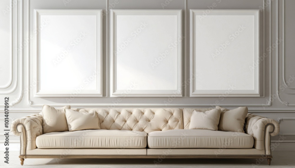 Three blank white picture frames hanging on the wall of an elegant living room with a beige sofa, modern interior design Three blank white picture frames hanging on the wall of an elegant living room with a beige sofa, modern interior design