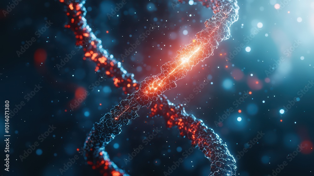 Abstract representation of DNA strands with glowing particles on a dark background. Abstract representation of DNA strands with glowing particles on a dark background.
