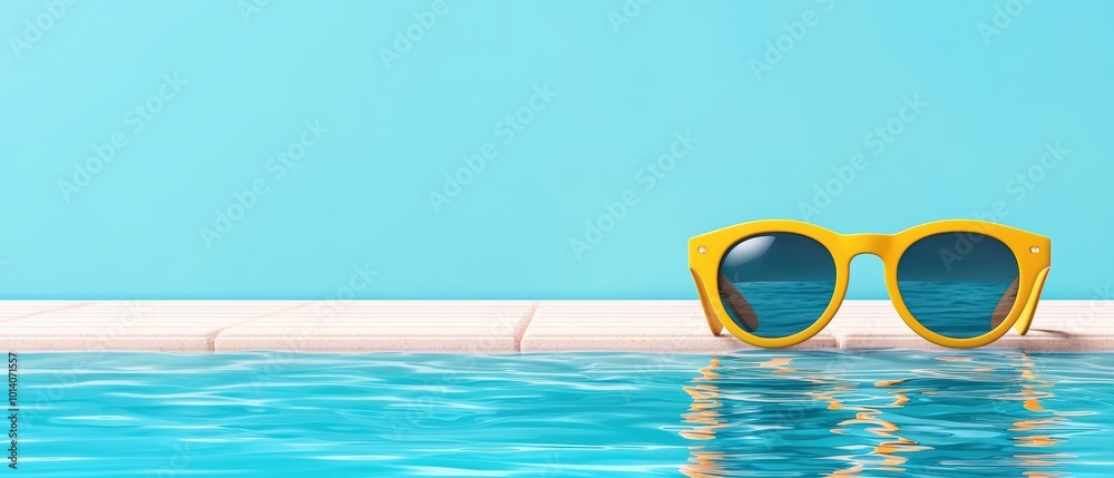 Bright yellow sunglasses on a poolside edge, reflecting blue water, summer vibes, and relaxation. Bright yellow sunglasses on a poolside edge, reflecting blue water, summer vibes, and relaxation.