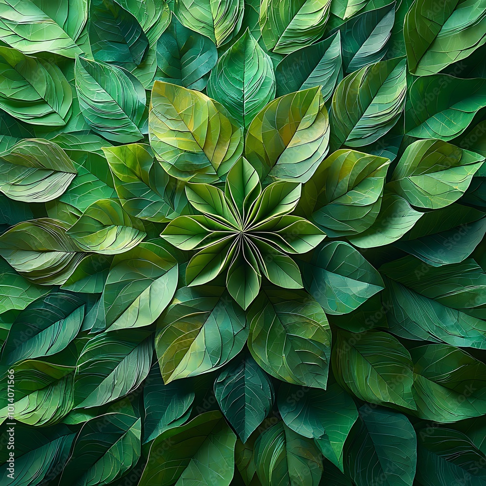 Vibrant arrangement of origami leaves in different shades of green forming a circular pattern on a smooth neutral background Vibrant arrangement of origami leaves in different shades of green forming a circular pattern on a smooth neutral background